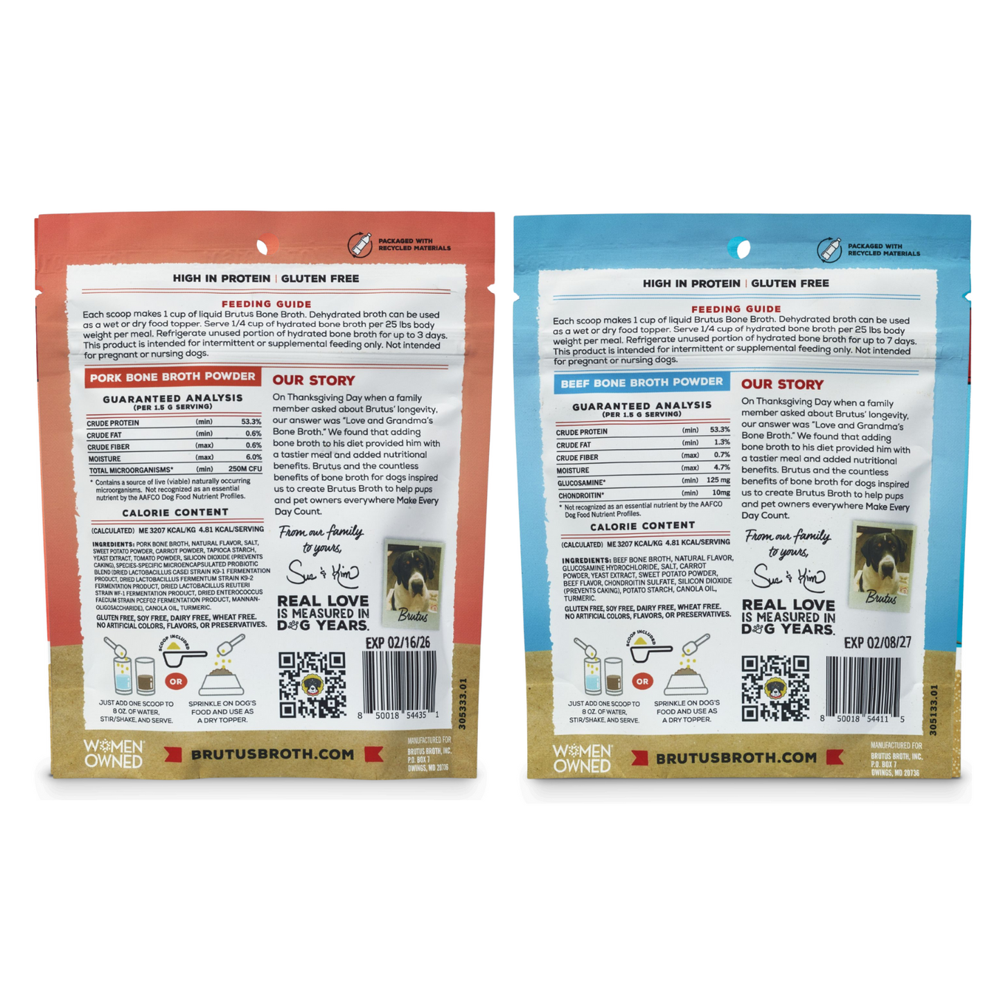 Two package backsides of Brutus Broth powder, one red (Probiotic Pork) and one blue (Hip & Joint Beef), with nutritional information on a white background.