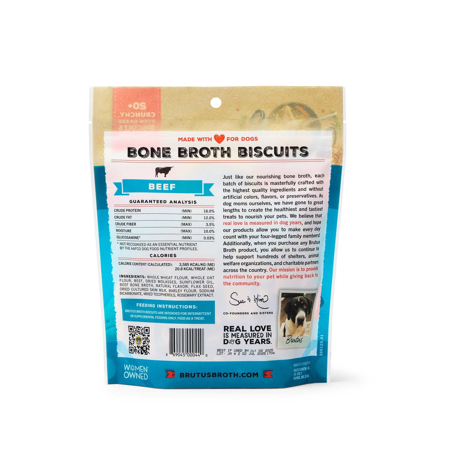 Beef Brutus Bone Broth Biscuits back of bag. See product description for nutritional analysis and feeding instructions