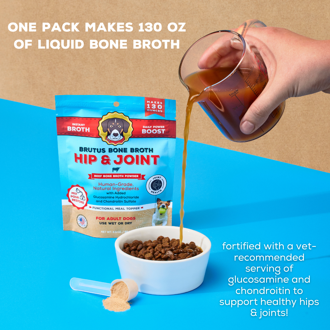 Brutus Bone Broth Hip & Joint Beef Bone Broth Powder. Pouring liquid bone broth into bowl of kibble
