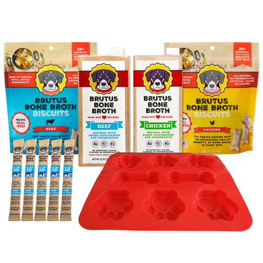 1 bag of beef biscuits, 1 box of beef broth, 1 box of chicken broth, 1 bag of chicken biscuits, 5 sticks of beef Brutus on the Go, and 1 red bone and paw treat tray