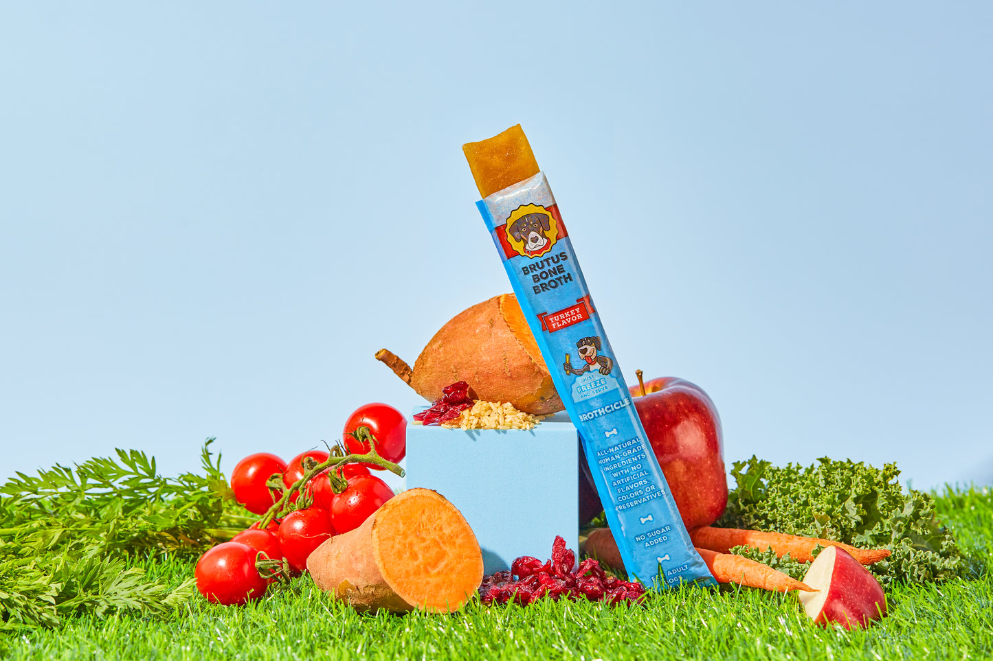 Brutus Bone Broth Brothcicle with fruits and vegetables lying around it
