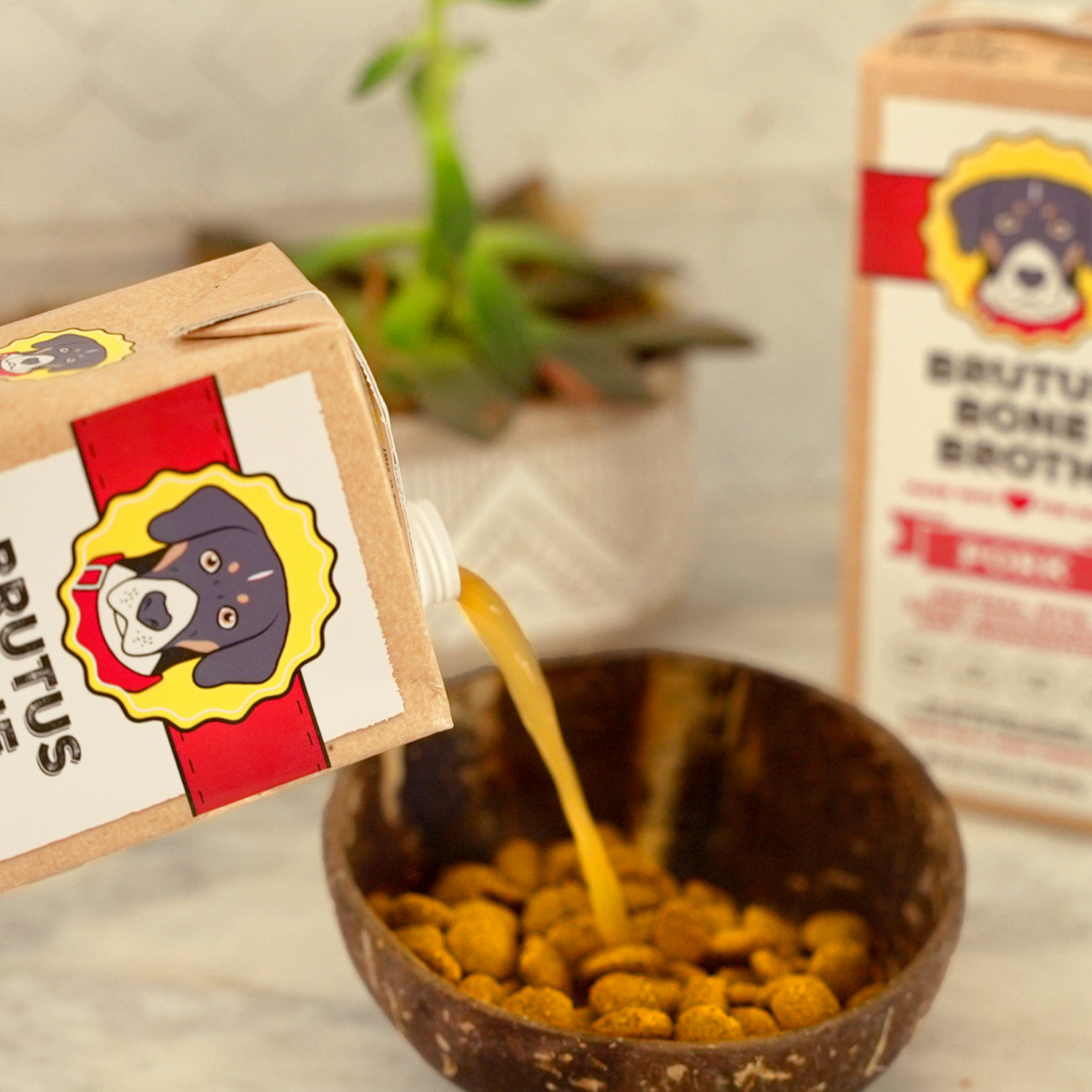 Pork Bone Broth being poured into a bowl of kibble