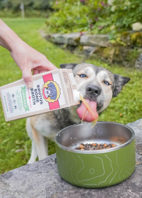 A black and brown dog licks Brutus Bone Broth Chicken out of the carton as the human pours it onto his dog food