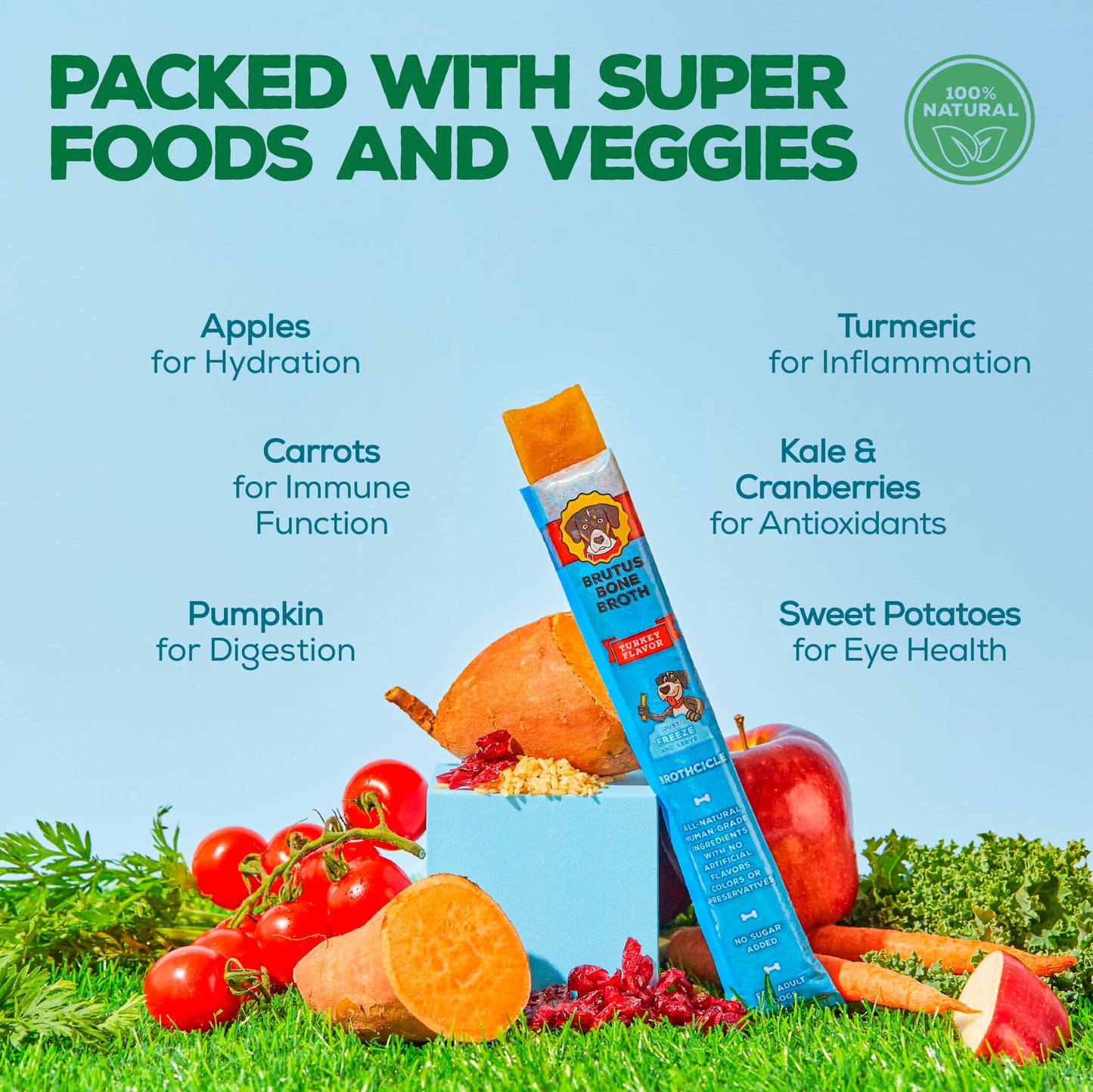 Brothcicle ingredients and benefits: Apples for Hydration; Carrots for Immune Function; Pumpkin for Digestion; Turmeric for Inflammation; Kale & Cranberries for Antioxidants; Sweet Potatoes for Eye Health