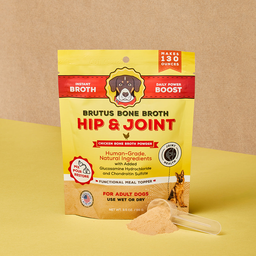 Brutus Bone Broth Hip & Joint Chicken Bone Broth Powder with scoop of powder in front