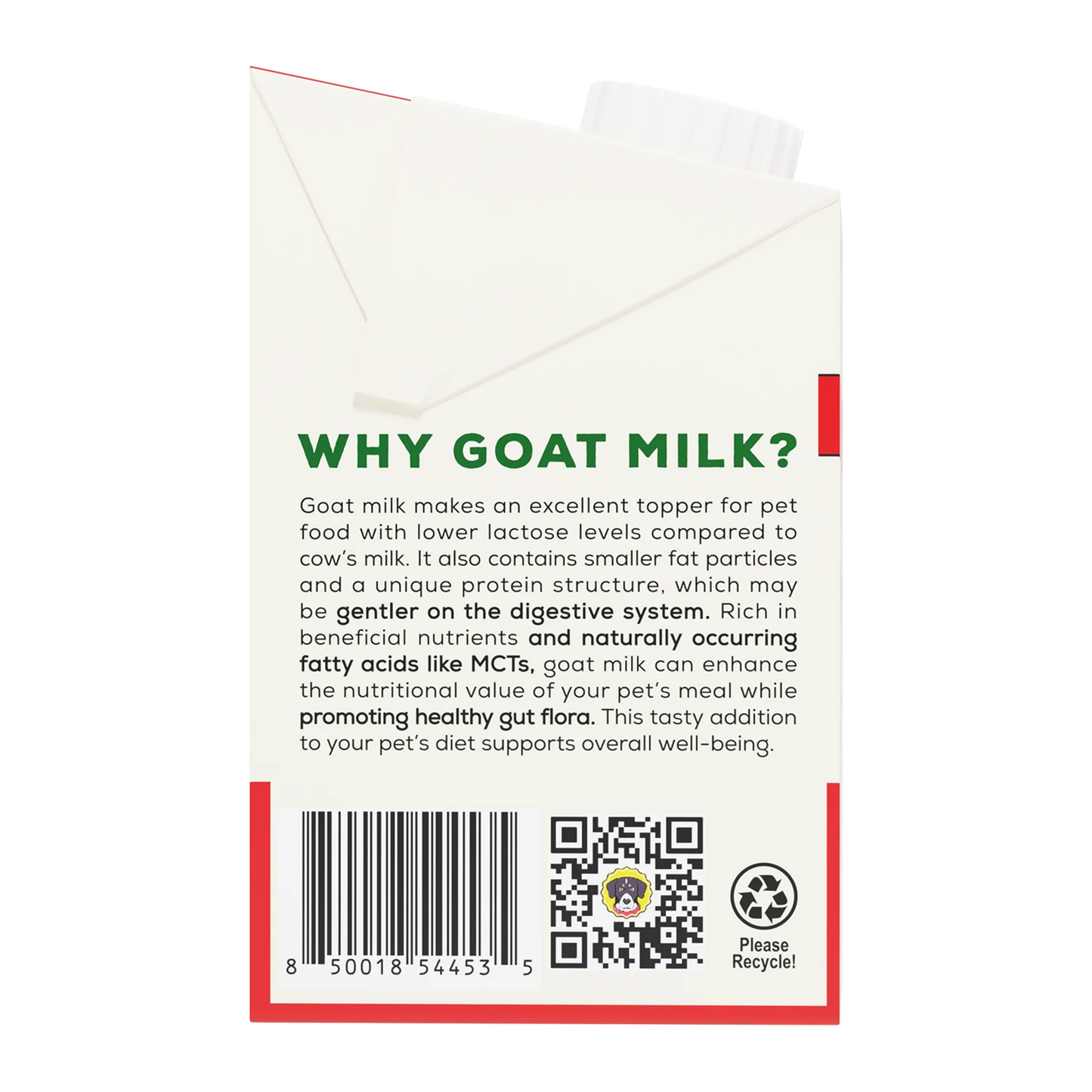 Side of Goat Milk packaging with text about goat milk and a QR code.
