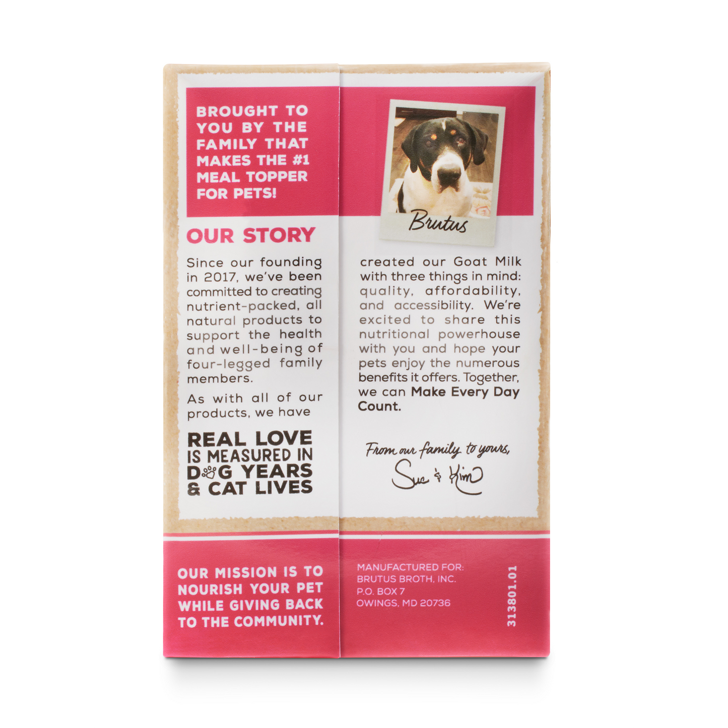 Goat milk box back with the story of Brutus Broth - see About Us page for full details