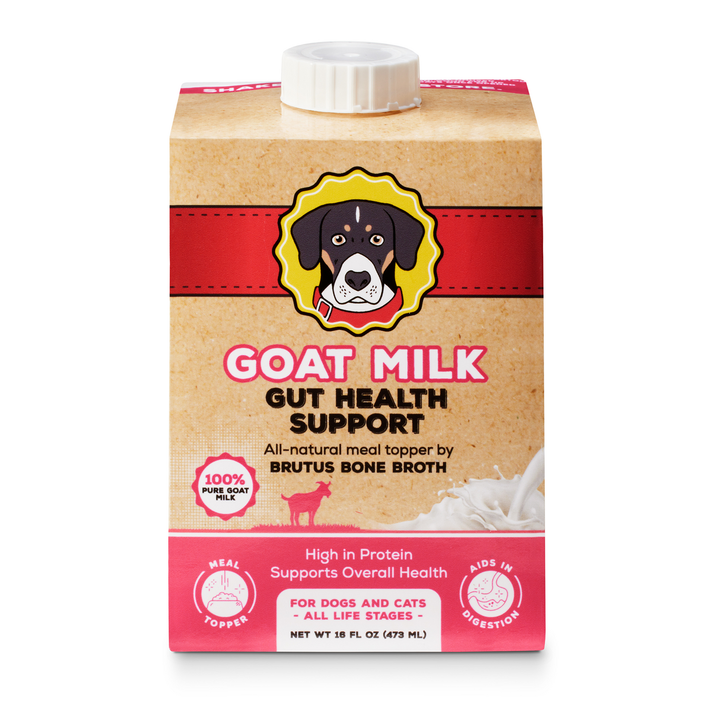 Carton of Brutus Bone Broth goat milk for pets labeled 'GOAT MILK — GUT HEALTH SUPPORT', high in protein, for dogs and cats