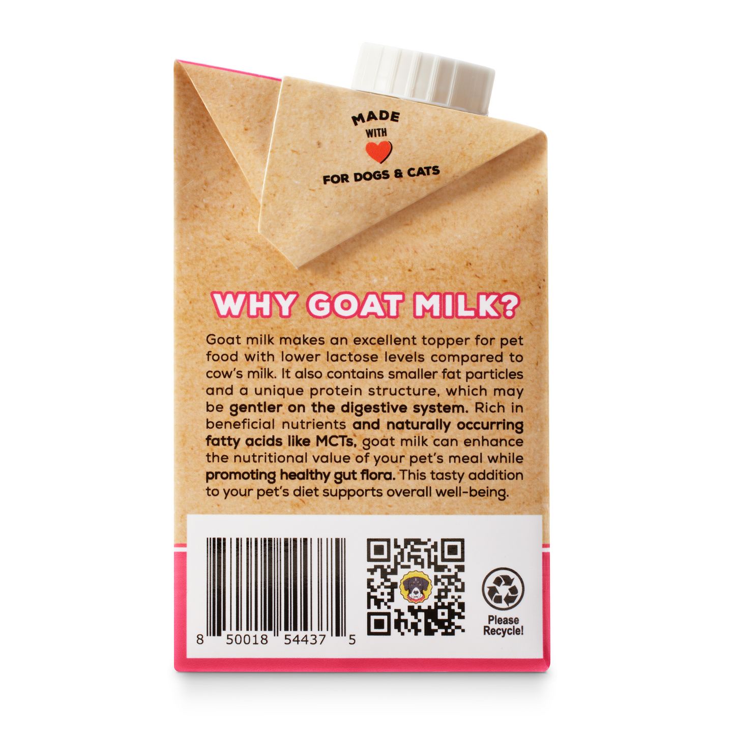 Goat milk box left side talking about why goat milk makes an excellent food topper for pet food