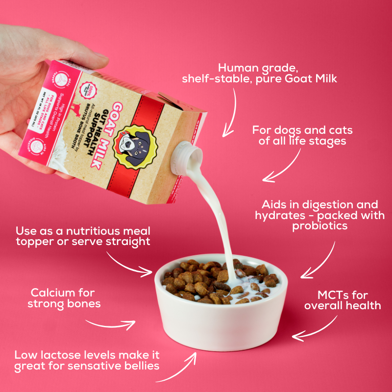 Goat milk box poured into bowl of kibble with benefits listed