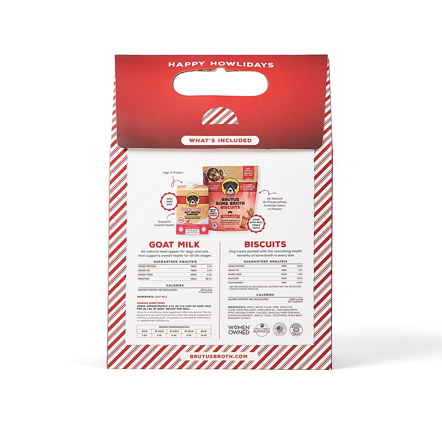Product packaging with red and white design, featuring text and images of Goat Milk and Pork & Apple Biscuits