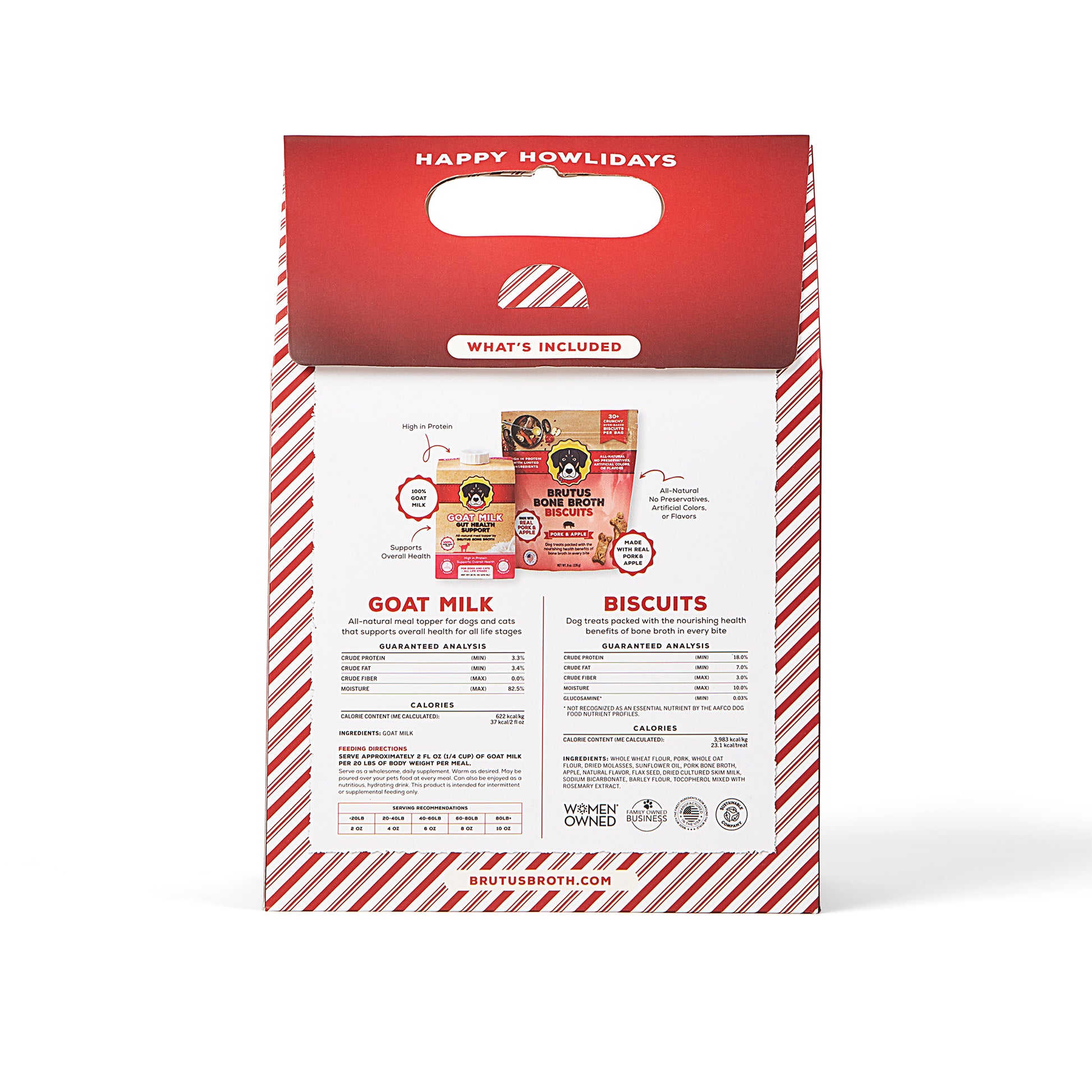 Product packaging with red and white design, featuring text and images of Goat Milk and Pork & Apple Biscuits