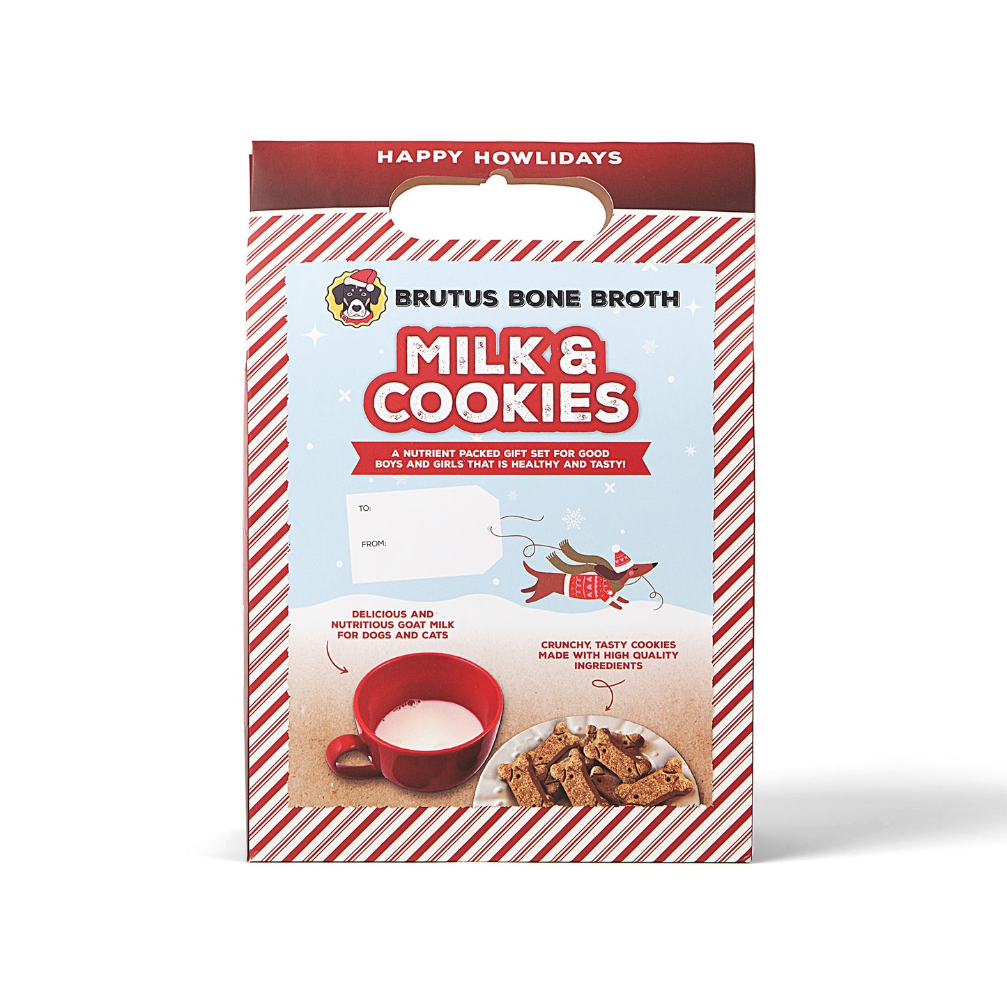 Brutus Bone Broth Milk & Cookies package with red and white striped border