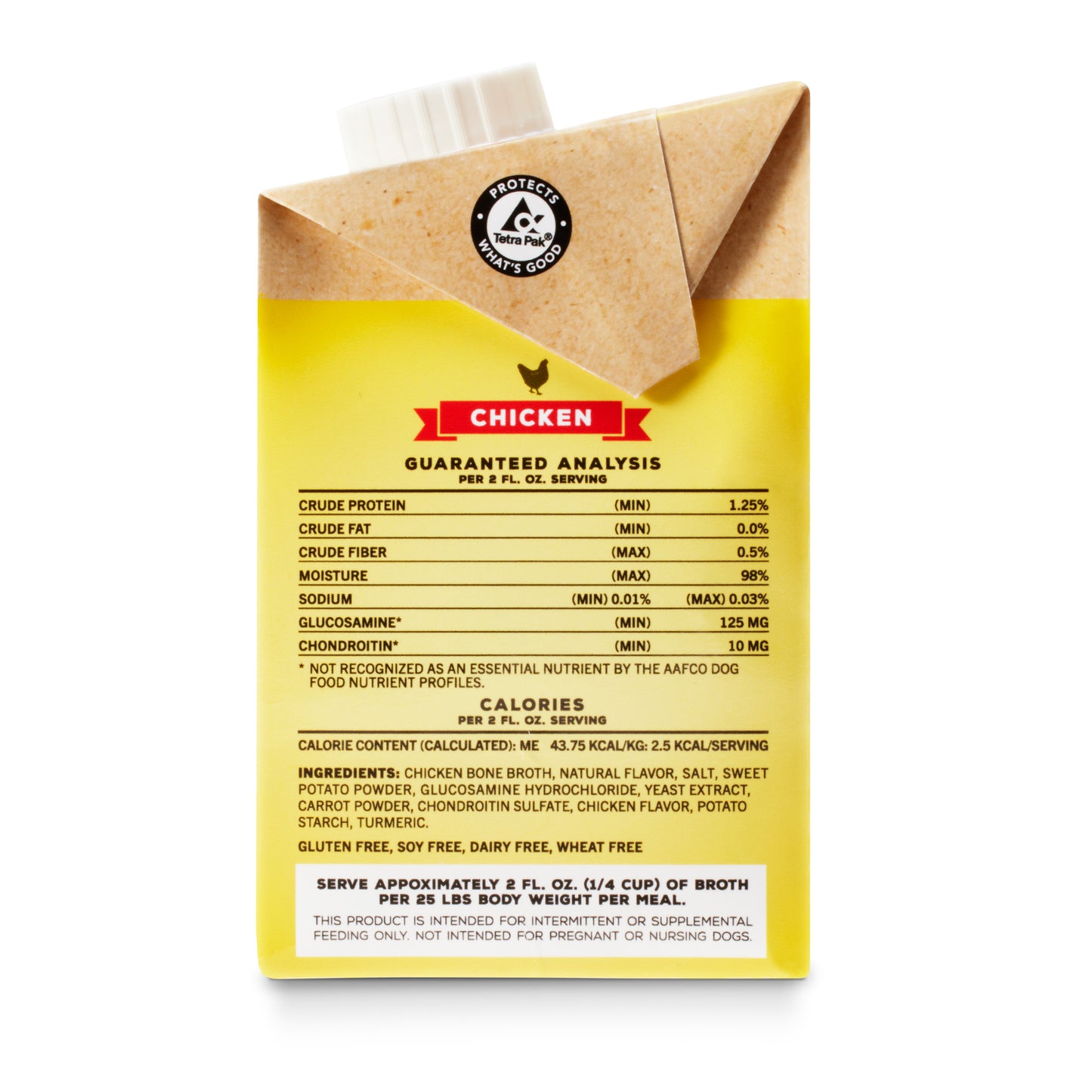 Mini Chicken Brutus Broth side of box with guaranteed analysis. See product description for full details.