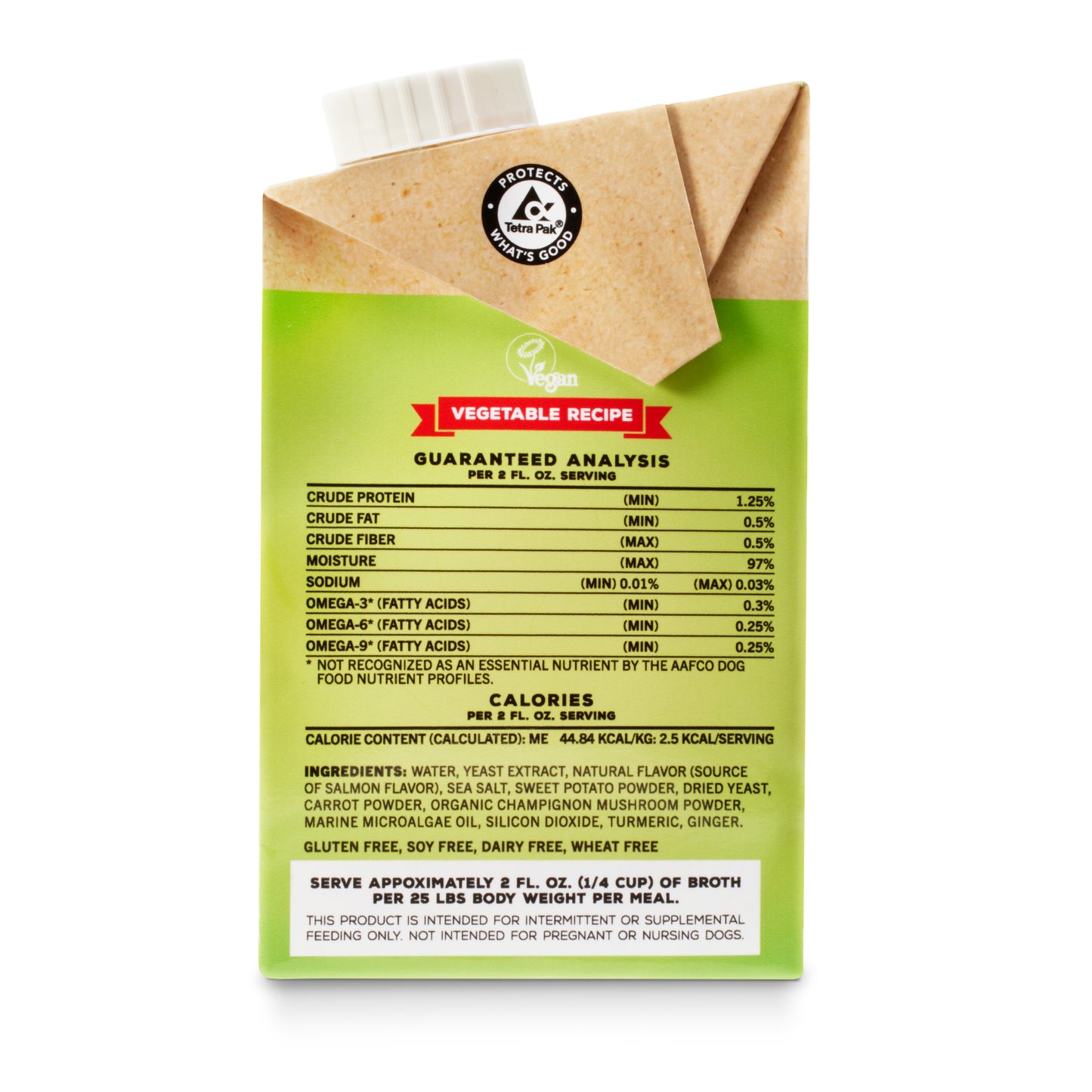 Mini Vegetable Brutus Broth side of box with guaranteed analysis. See product description for full details.