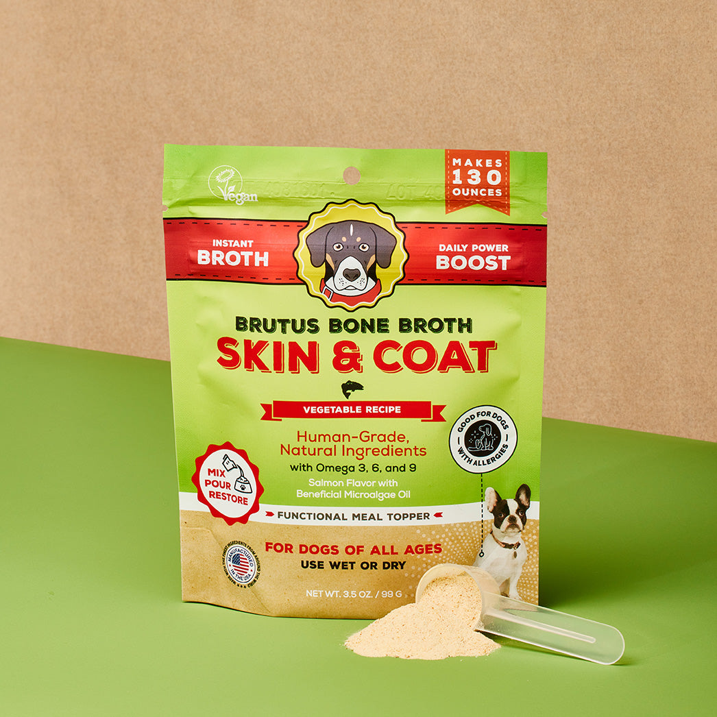 Brutus Bone Broth Skin & Coat Vegetable Bone Broth Powder with scoop in front