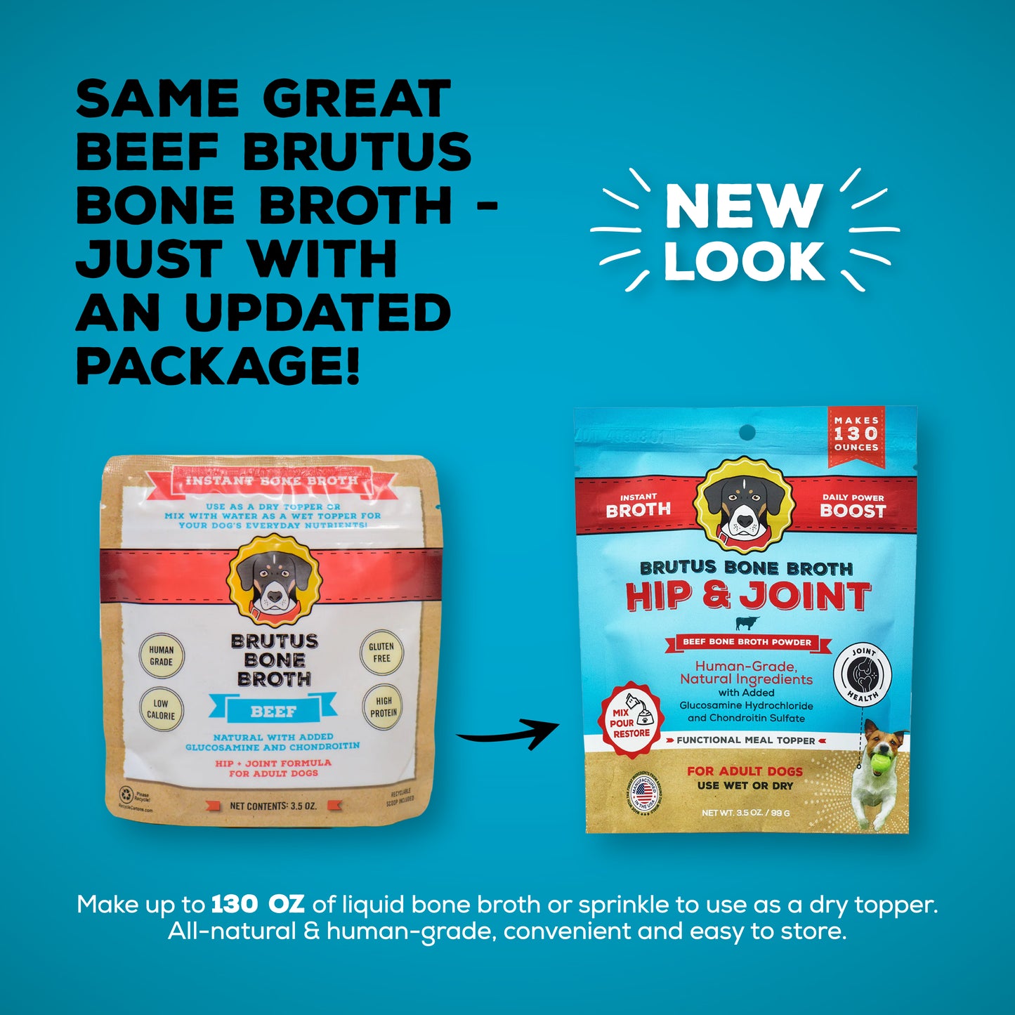 Comparing old and new packaging for the Brutus Bone Broth Hip & Joint Beef Bone Broth Powder