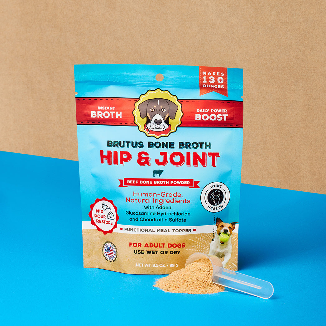 Brutus Bone Broth Hip & Joint Beef Bone Broth Powder with scoop in front