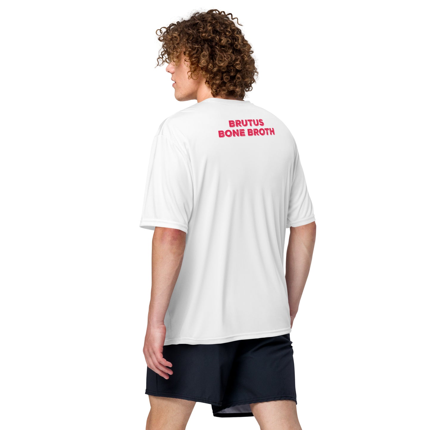 Man wearing White Tee with "BRUTUS BONE BROTH" on the Back
