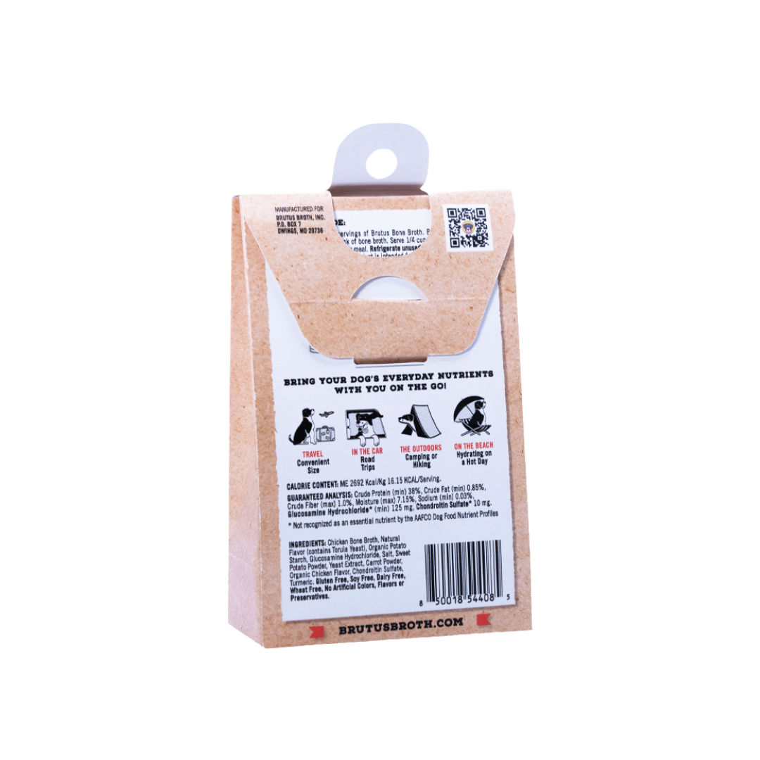 Chicken Instant Brutus Bone Broth 5-Stick Pack Back of Box with guaranteed analysis. Please reference product description for details
