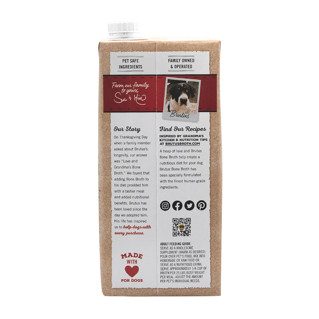 Brutus Bone Broth Box - back side with Our Story. Please reference our About Us page for the full story.