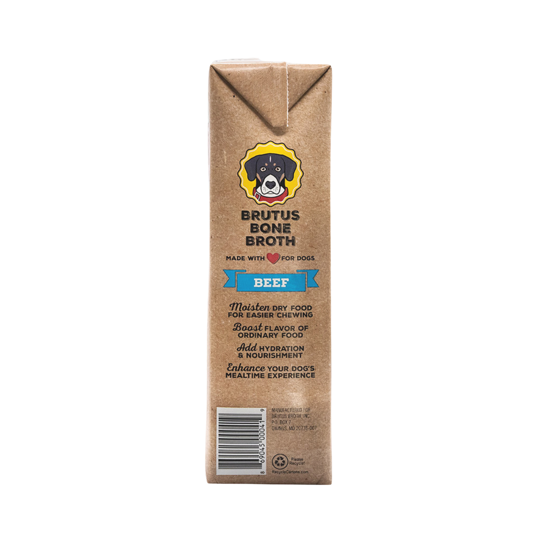 Side of the Beef Brutus Bone Broth Box with highlight benefits of bone broth. Moisten dry food for easier chewing, Boost flavor of ordinary food, Add hydration and nutrition, and Enhance your dog's mealtime experience.