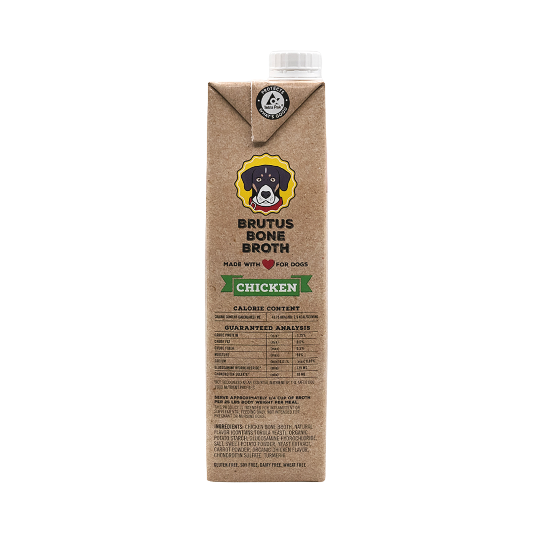 Brutus Bone Broth - Chicken Flavor Side of box with Nutritional Analysis and Ingredient List. Please reference the product description for full details