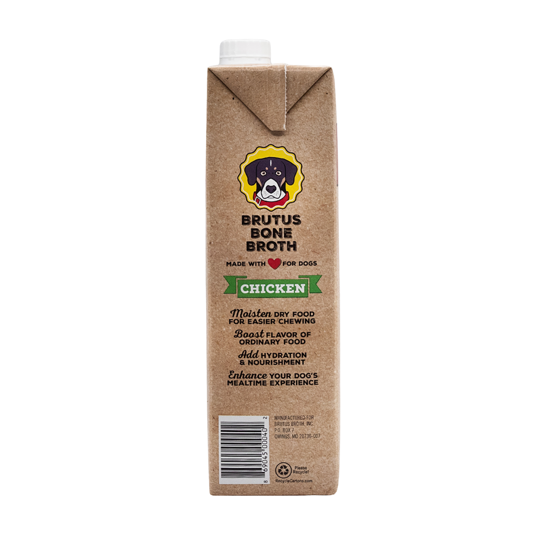 Brutus Bone Broth - Chicken Flavor side of box with benefits. Moisten dry food for easier chewing, Boost flavor of ordinary food, Add hydration & nourishment, Enhance your dog's mealtime experience