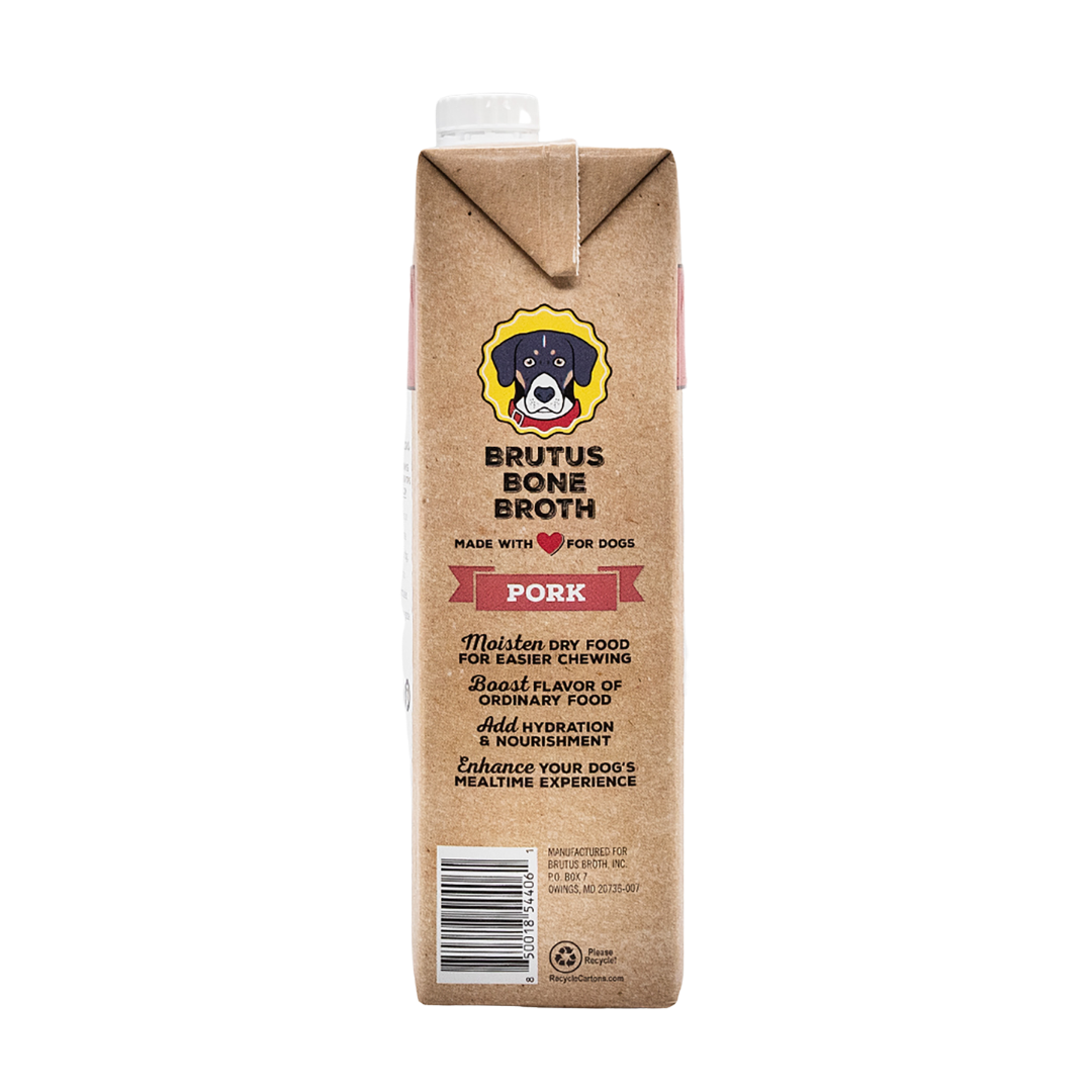 Brutus Bone Broth - Pork Flavor side of box with benefits. Moisten dry food for easier chewing, Boost flavor of ordinary food, Add hydration & nourishment, Enhance your dog's mealtime experience