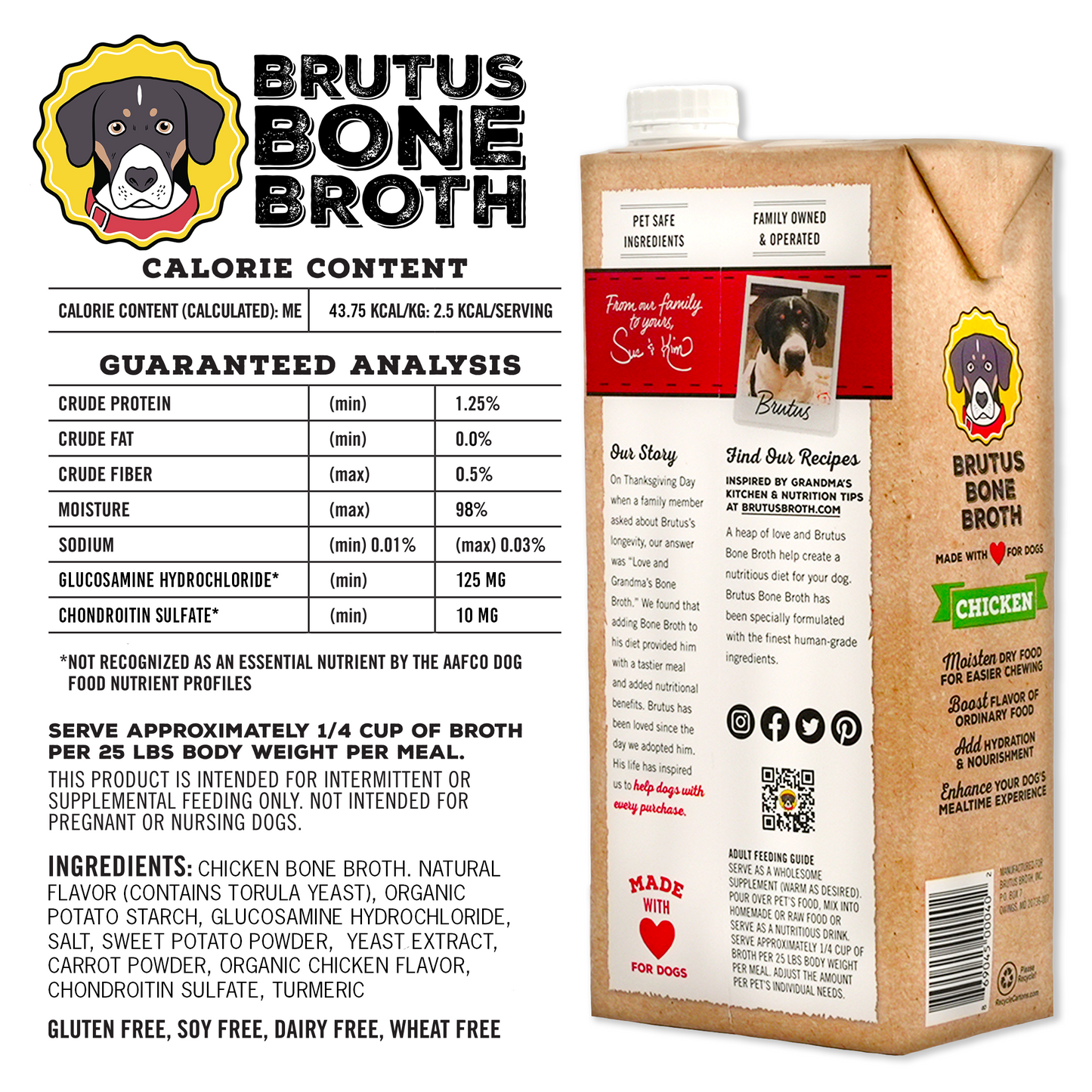 Brutus Bone Broth - Chicken Flavor Nutritional Analysis and Ingredient List. Please reference the product description for full details