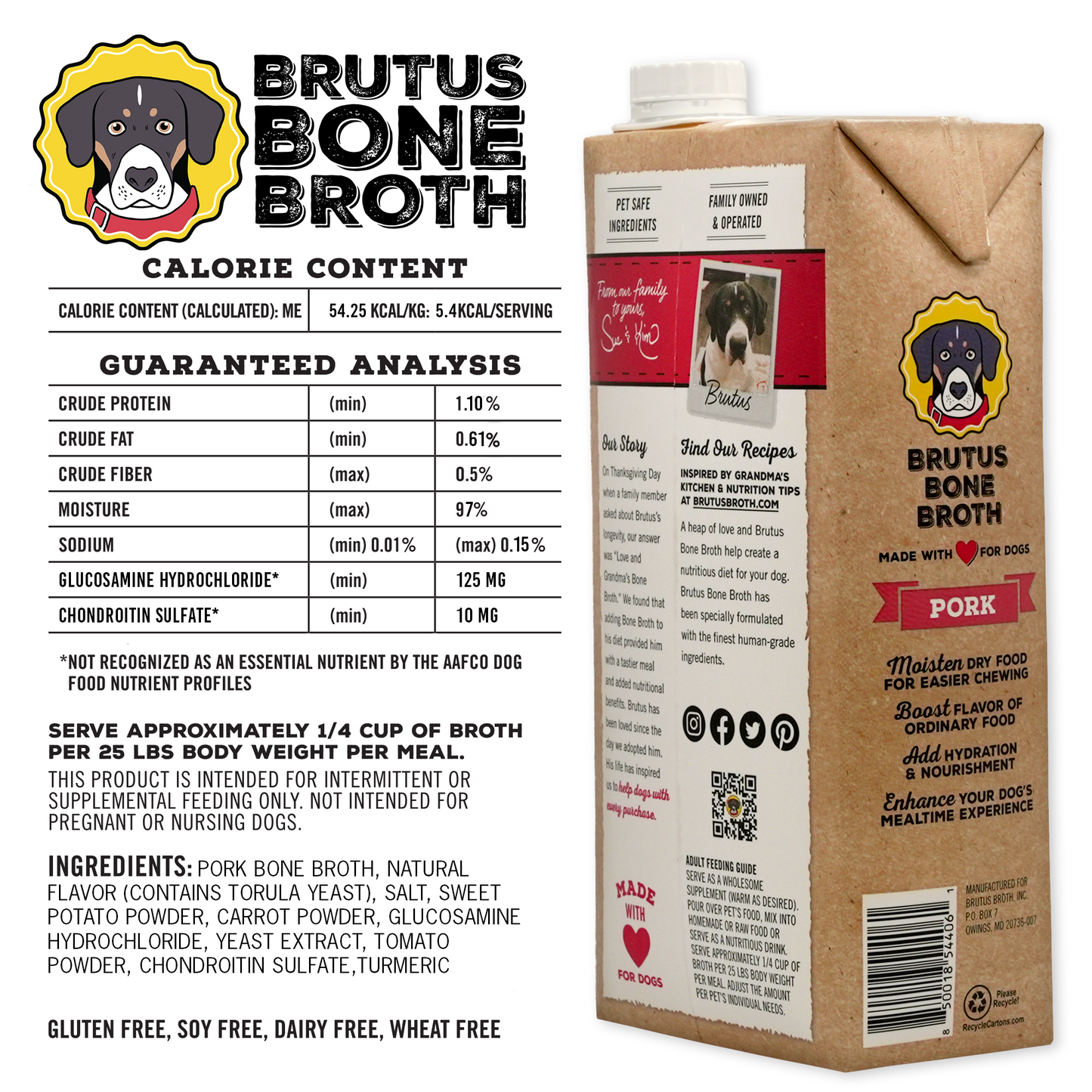 Guaranteed analysis and ingredients of Brutus Bone Broth Pork Flavor. Please reference product description for details