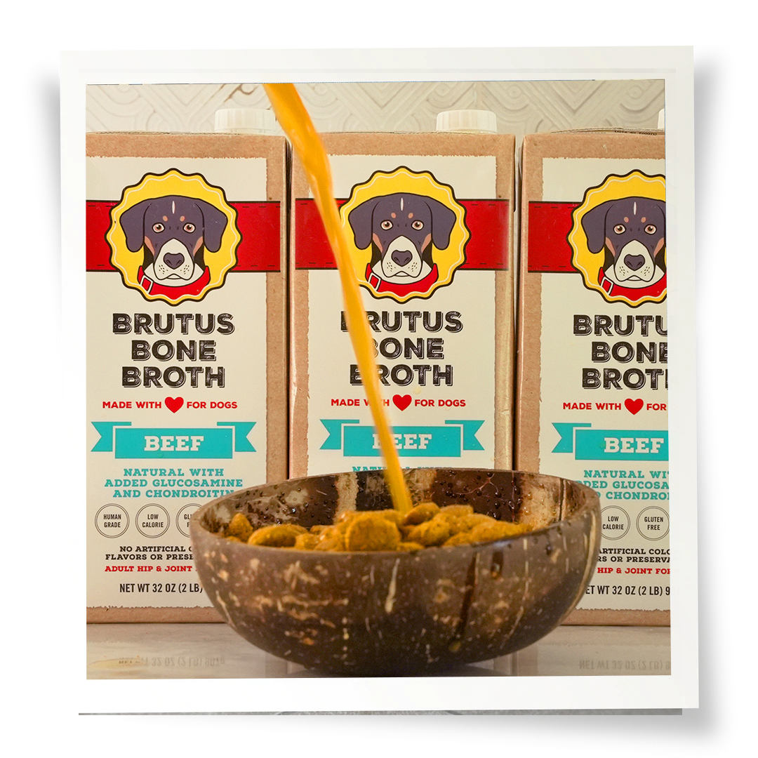 Three Brutus Bone Broth Beef Flavor Boxes with a bowl of dog kibble and broth being poured into it.