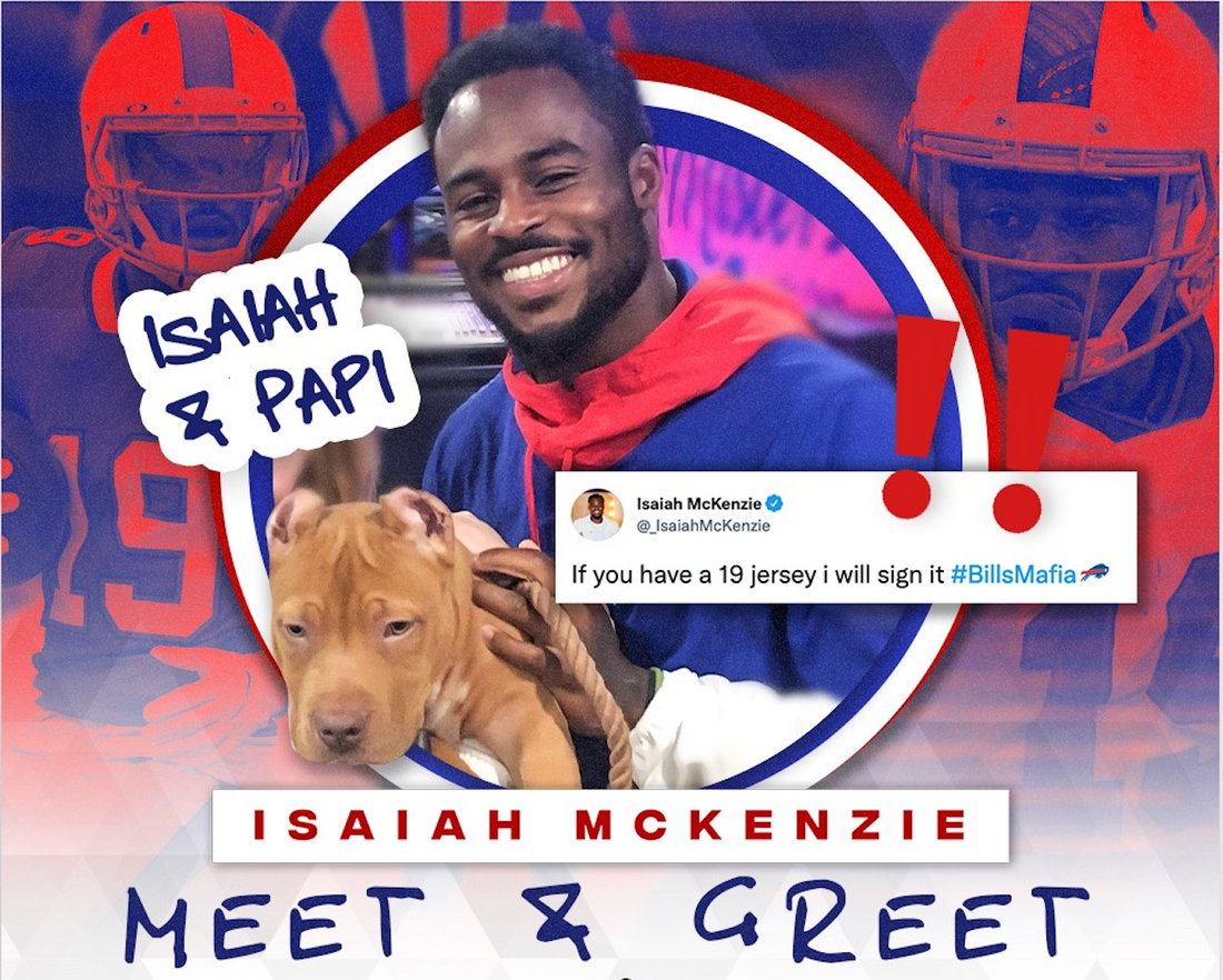 Isaiah McKenzie meet and greet - McKenzie with a puppy; tweet: If you have a 19 jersey I will sign it hashtag BillsMafia