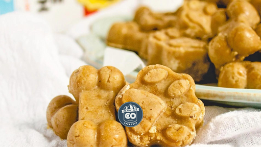 Close-up of peanut butter banana dog treats in paw and bone molds showing creamy texture on cloth and plate with 'READY. SET. GO APPROVED' badge