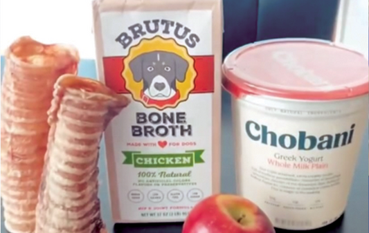 Ingredients for dog cannolis arranged on a counter: Brutus Bone Broth carton, Chobani Greek yogurt tub, beef trachea chews, and an apple
