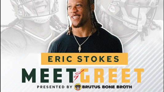 Promotional flyer announcing a meet and greet with a football player presented by Brutus Bone Broth
