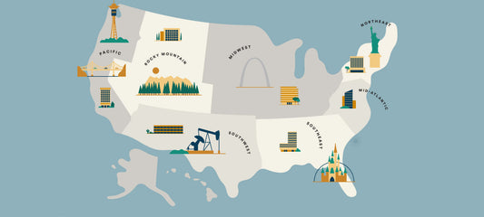 Stylized U.S. map labeled Pacific, Rocky Mountain, Midwest, Southwest, Southeast, Mid-Atlantic, and Northeast with regional icons