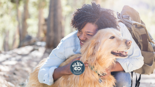 Person hugging a golden retriever on a sunny forest trail with a backpack; overlaid badge reads Ready. Set. CO Approved