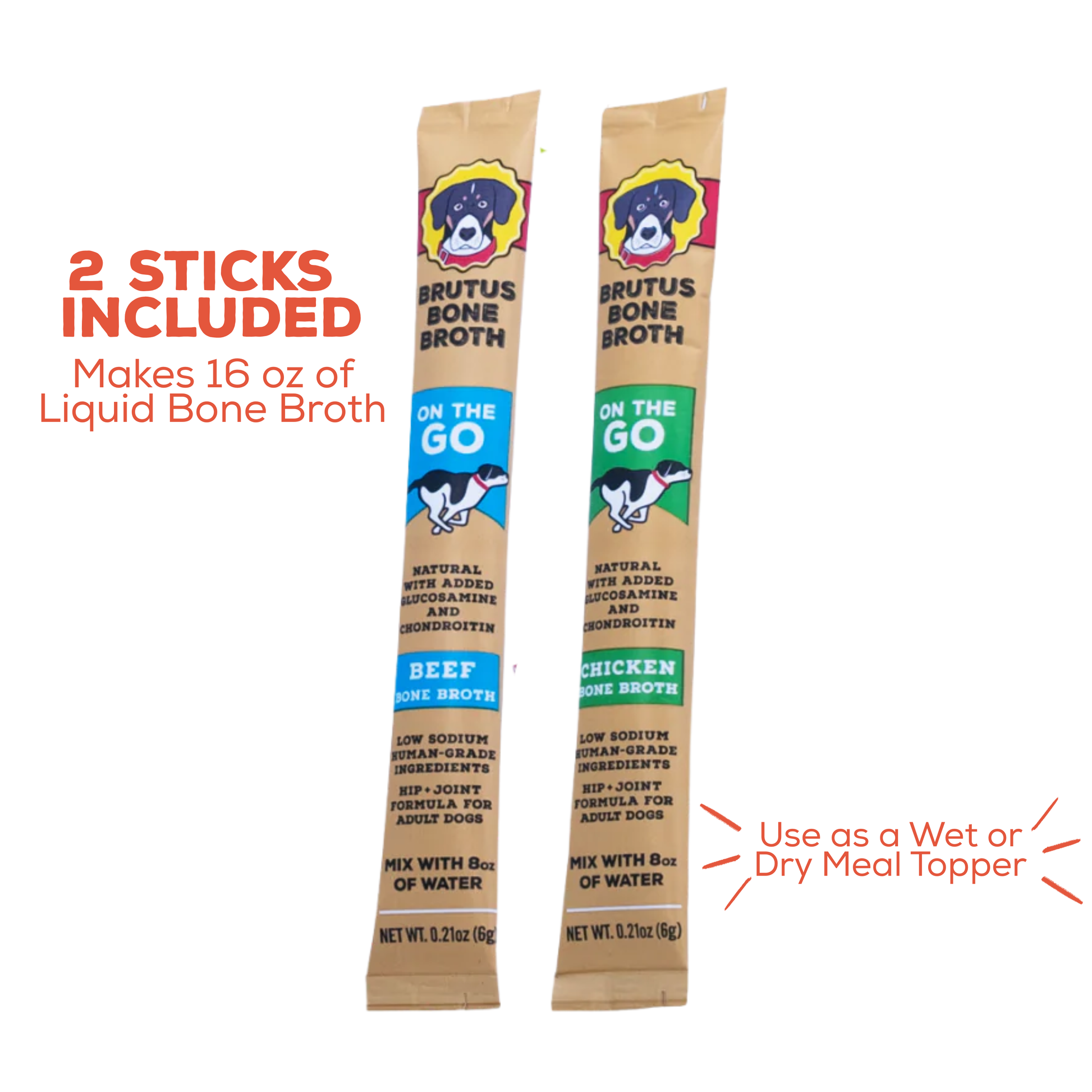 Two sticks of Brutus Bone Broth on a white background with text indicating usage.