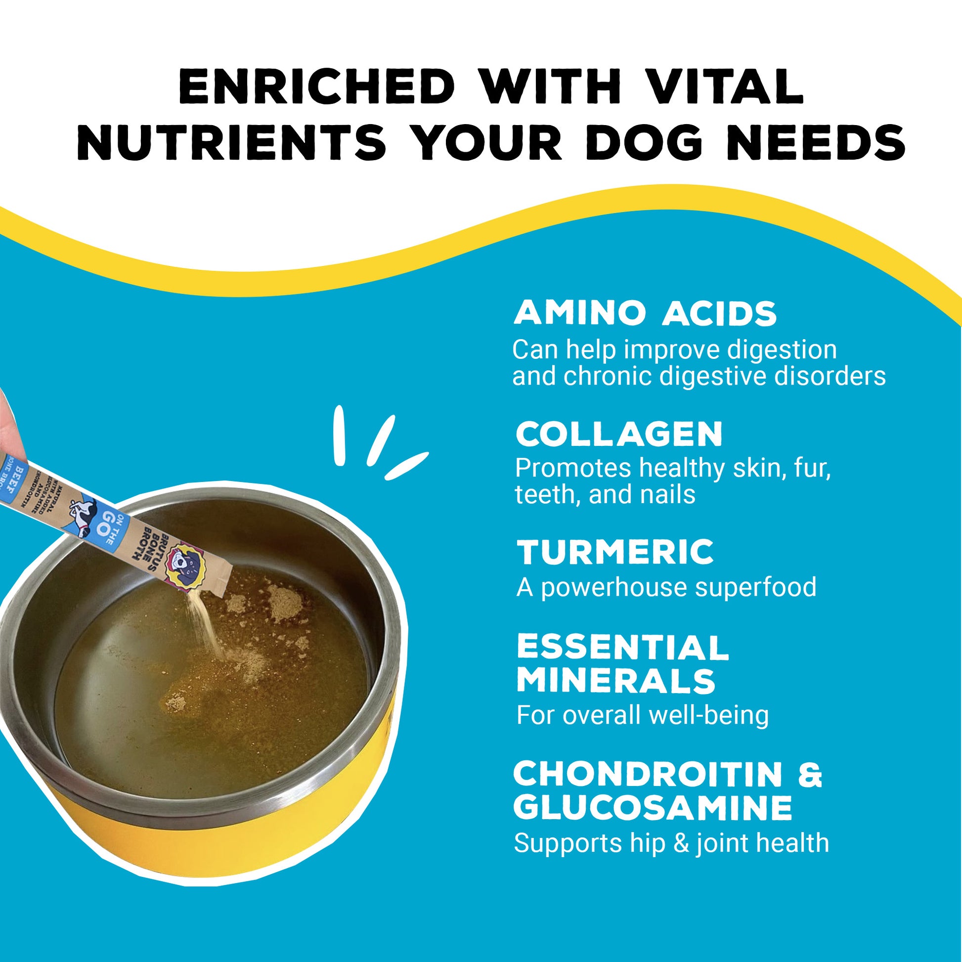 Infographic: broth poured into bowl with headline 'Enriched with vital nutrients' listing amino acids, collagen and turmeric