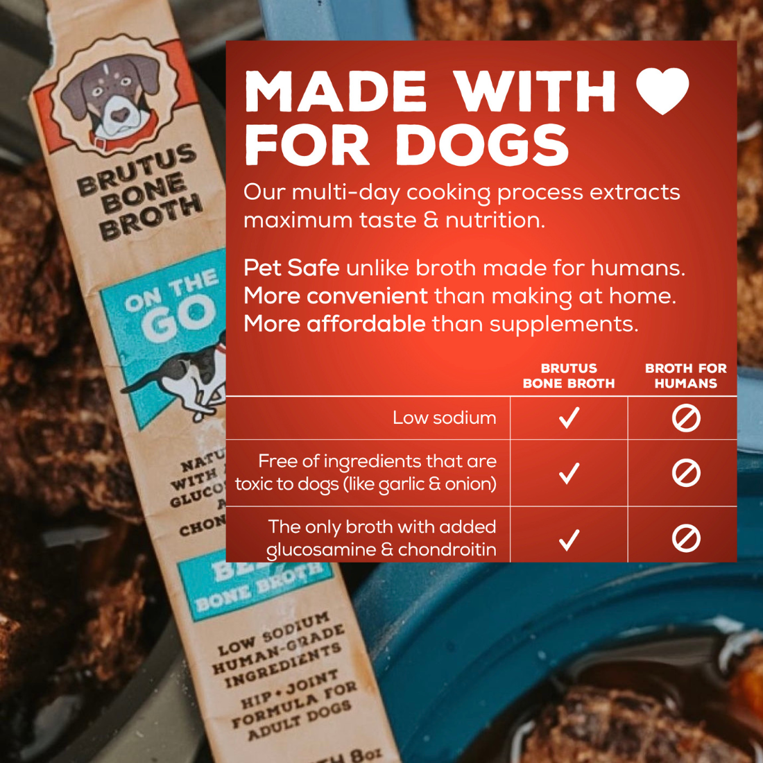 Brutus Bone Broth packaging with product details on a red background