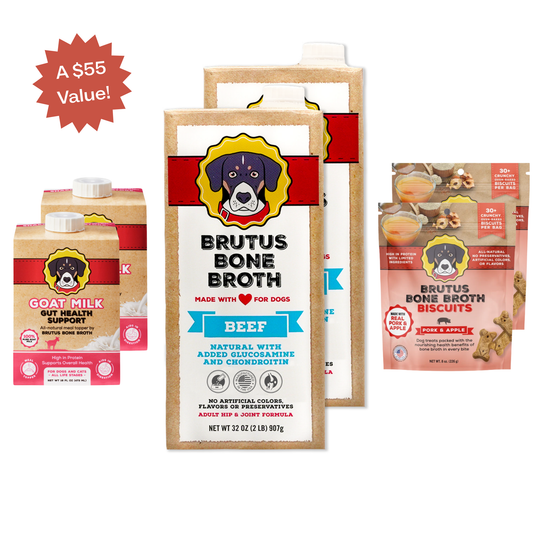Front view of Fall Wellness Bundle featuring bone broth, goat milk, and dog treats on a white background