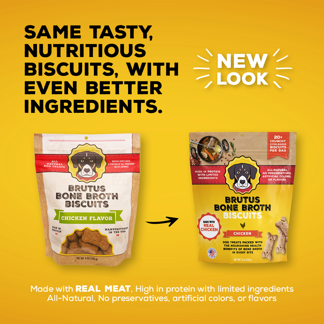 Chicken Brutus Bone Broth Biscuits old compared to new packaging