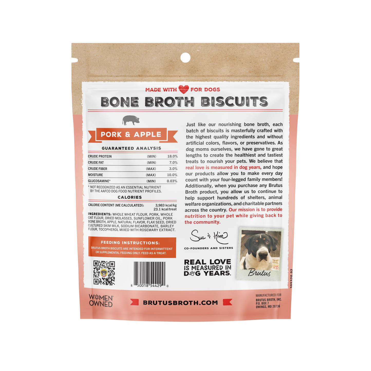 Back of package of Bone Broth Biscuits for dogs with text and branding details.