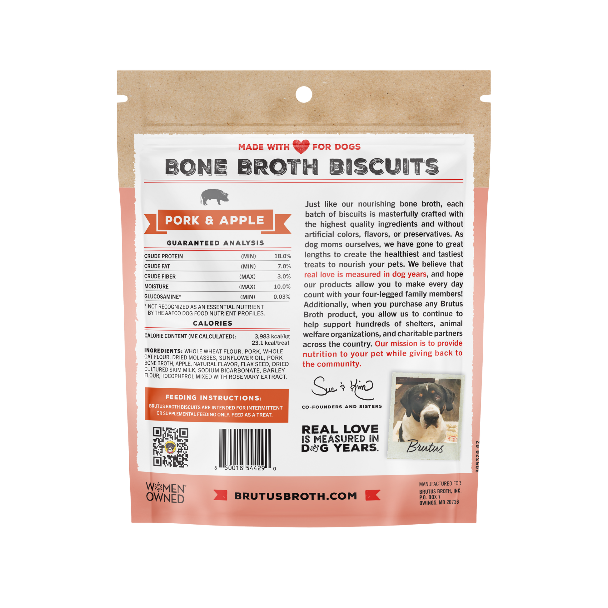 Back of package of Bone Broth Biscuits for dogs with text and branding details.