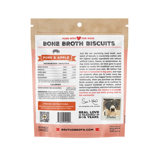 Back of package of Bone Broth Biscuits for dogs with text and branding details.