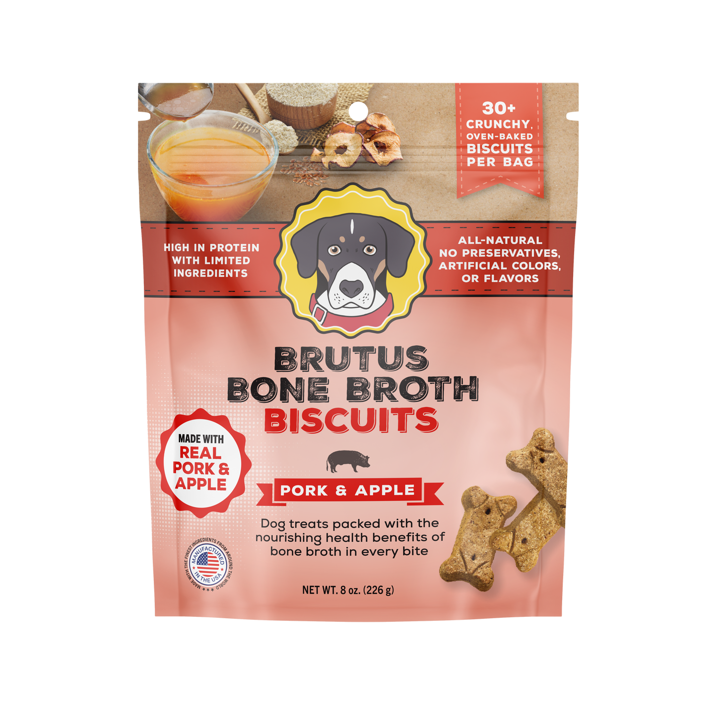 Front of Brutus Bone Broth Biscuits pouch, Pork and Apple, showing product name and bone-shaped treats on white background