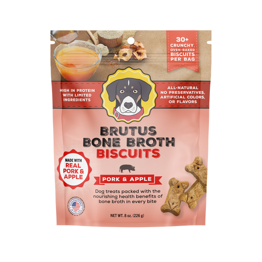 Brutus Bone Broth Biscuits packaging for dog treats on a white background