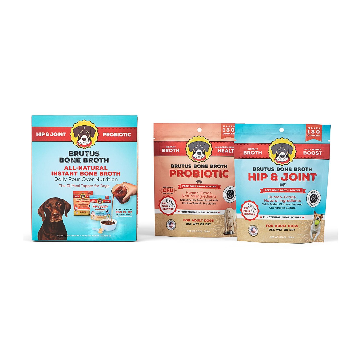 Front view of three Brutus Bone Broth packs: one bone broth box and two pouches labeled Probiotic and Hip and Joint on white