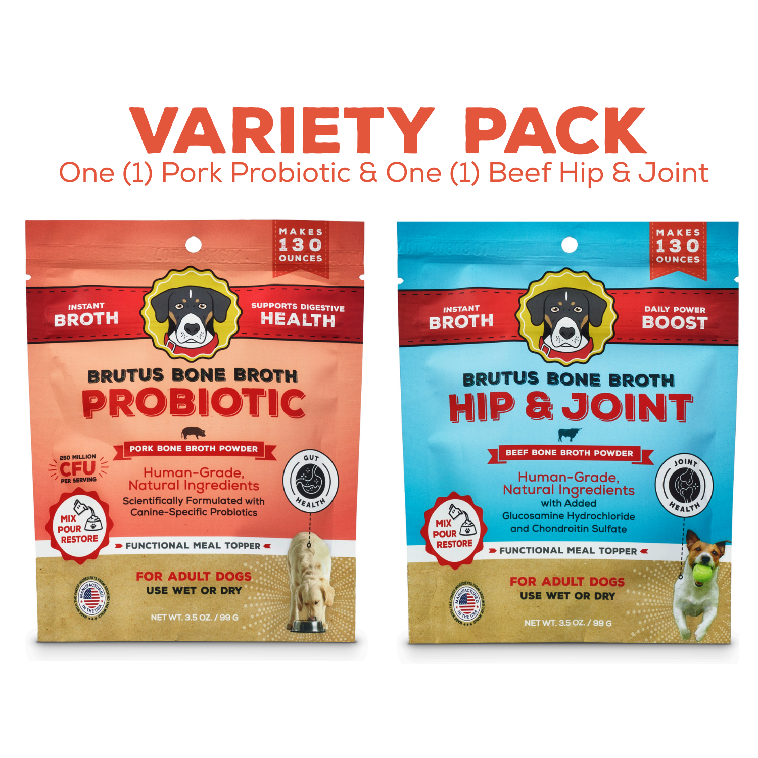 Two packages of Brutus Bone Broth, one Probiotic Pork and one Hip & Joint Beef, on a white background.